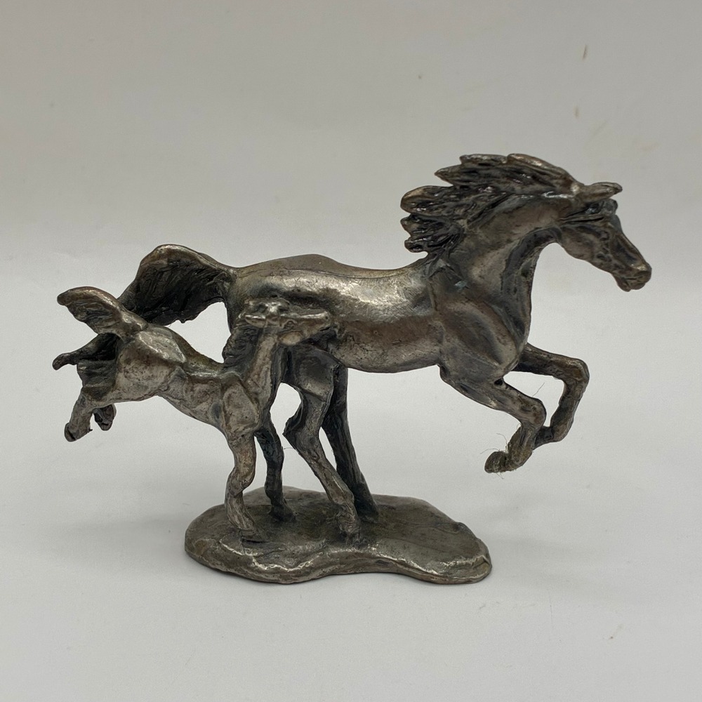 Vintage Miniature Pewter Horse and Foal Running Figurine Silver Tone Sculpture